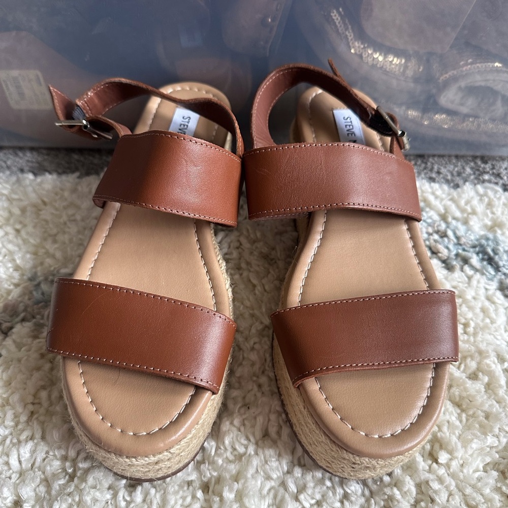 STEVE MADDEN Womens Platform Sandals Size 7 Busy Espadrille Leather 3” Brown NEW